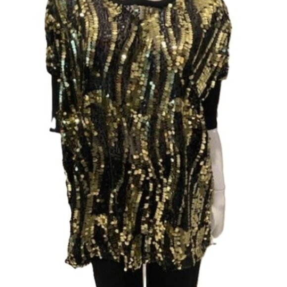 Joan Boyce Sparkling Gold & Black Sequin Top w/Ribbed Trim Sleeves SMALL NWT $99 - Picture 2 of 12